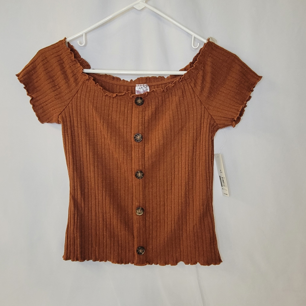 No Boundaries Brown Off-Shoulder Button-Down Top